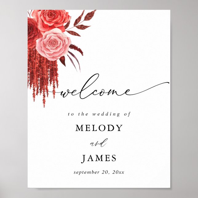 Poster Placa de Boas-Vindas de Casamento Floral Vermelha (Frente)