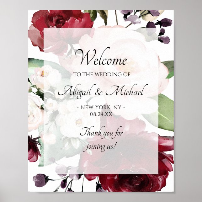 Poster Placa de Boas-Vindas de Casamento Floral Violeta P (Frente)