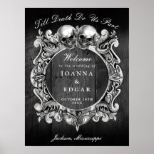 Placa de Boas-Vindas de Casamento Gótico Caveiras 