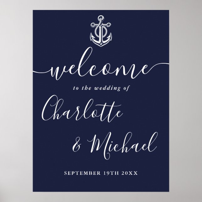 Poster Placa de Boas-Vindas de Casamento Náutico Âncora A (Frente)