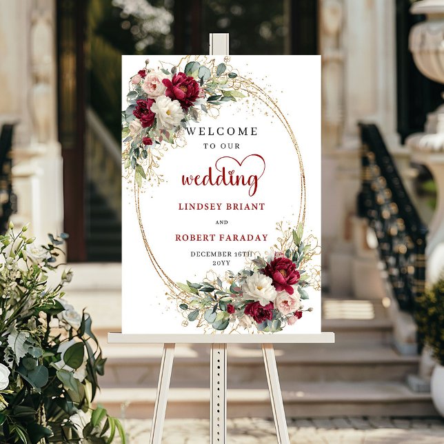 Poster Placa de boas-vindas de casamento personalizada co (Custom gold floral greenery wedding welcome sign decor

)