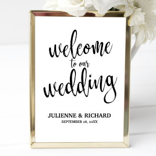 Pôster Placa de Boas-Vindas de Casamento Preta e Branca 2