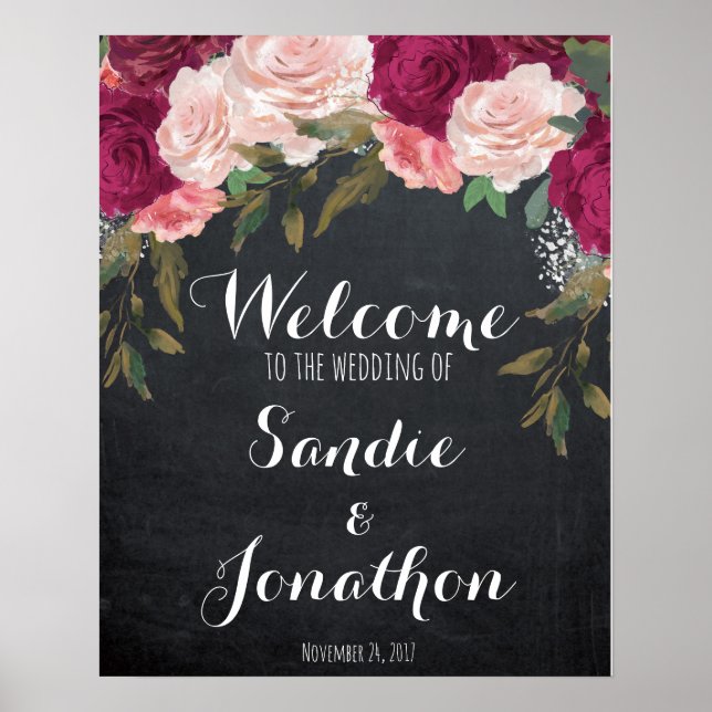 Pôster Placa de boas-vindas de casamento quadro-negro flo (Frente)