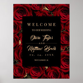 Poster Placa de Boas-Vindas de Casamento Rosas Dourado Es