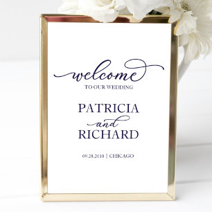 Poster Placa de Boas-Vindas de Casamento Script Azul-Ma