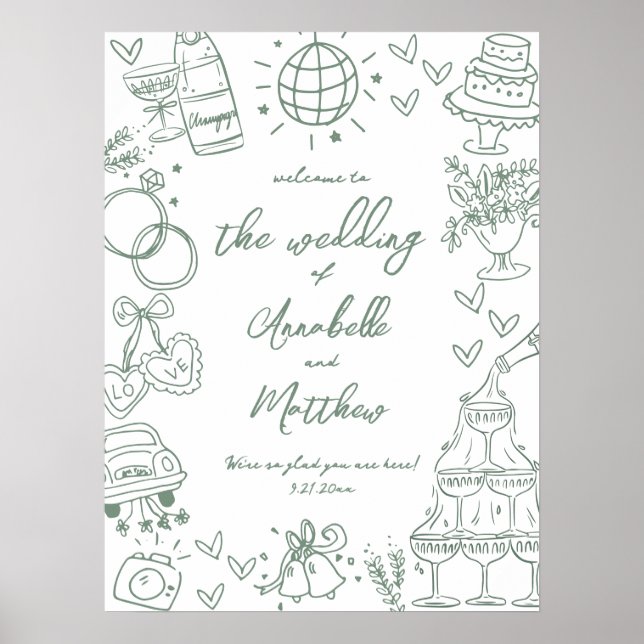 Poster Placa de Boas-Vindas de Casamento Verde Caprichosa (Frente)