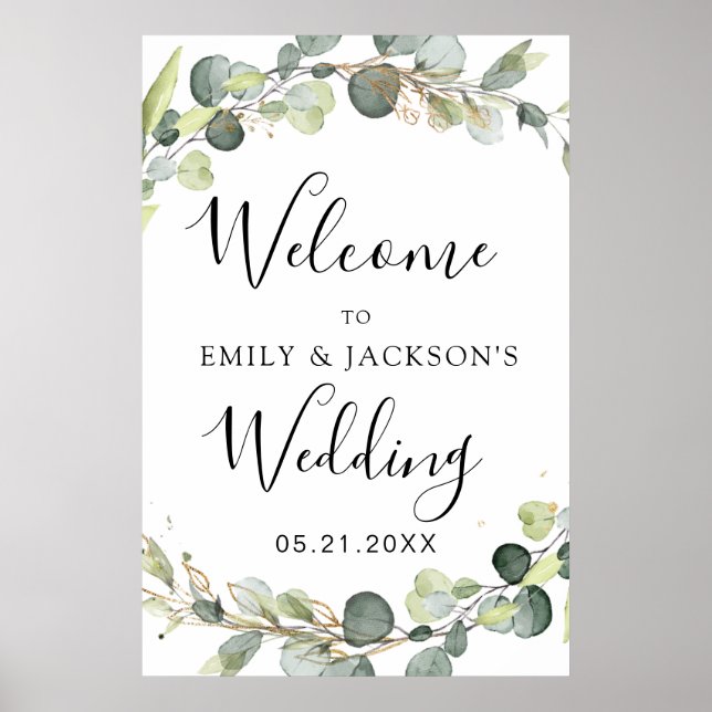 Poster Placa de Boas-Vindas de Casamento Verde Eucalipto  (Frente)