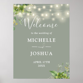 Poster Placa de Boas-Vindas de Casamento Verde Sage Luzes