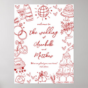 Poster Placa de Boas-Vindas de Casamento Vermelha Desenha