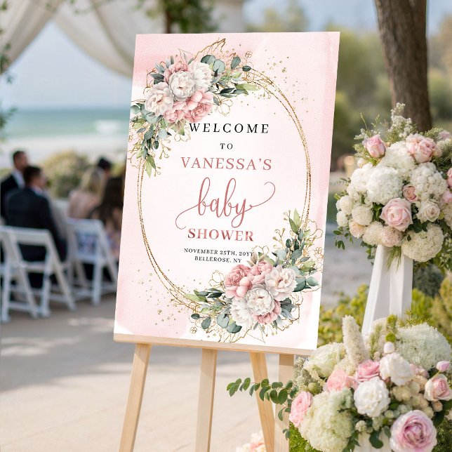 Poster Placa de Boas-Vindas de Chuveiro de Bebê Elegante  (Elegant Rose Gold Floral Baby Shower Welcome Sign)