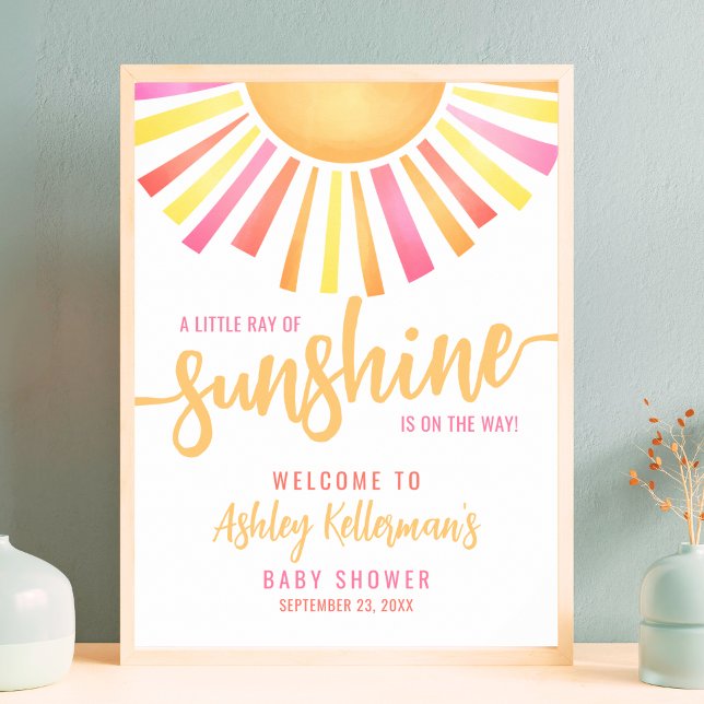 Poster Placa de Boas-Vindas de Chuveiro de Bebê Rosa Bril (Sunshine Bright Pink Baby Shower Welcome Sign)