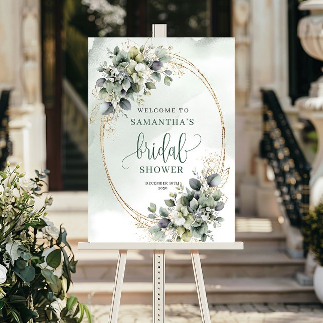 Poster Placa de Boas-Vindas de Chuveiro de Noiva Botânica (Greenery Botanical Gold Bridal Shower Welcome Sign)
