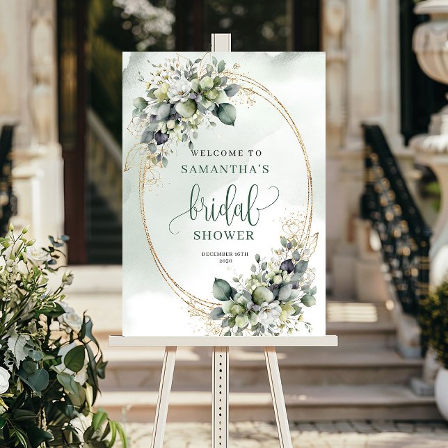Poster Placa de Boas-Vindas de Chuveiro de Noiva com Aqua (Botanical Watercolor Bridal Shower Welcome Sign)