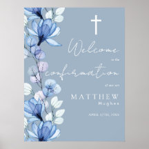 Placa de Boas-Vindas de Confirmação Floral Azul Em