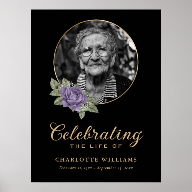 Poster Placa de Boas-Vindas de Funeral Floral Roxa Preta (Frente)