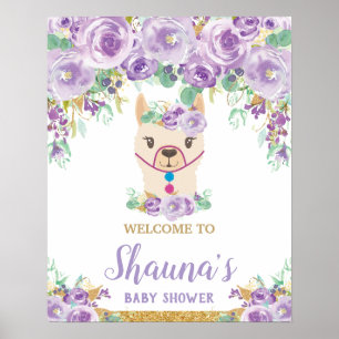 Poster Placa de Boas-Vindas de Llama Floral Roxo para Chá