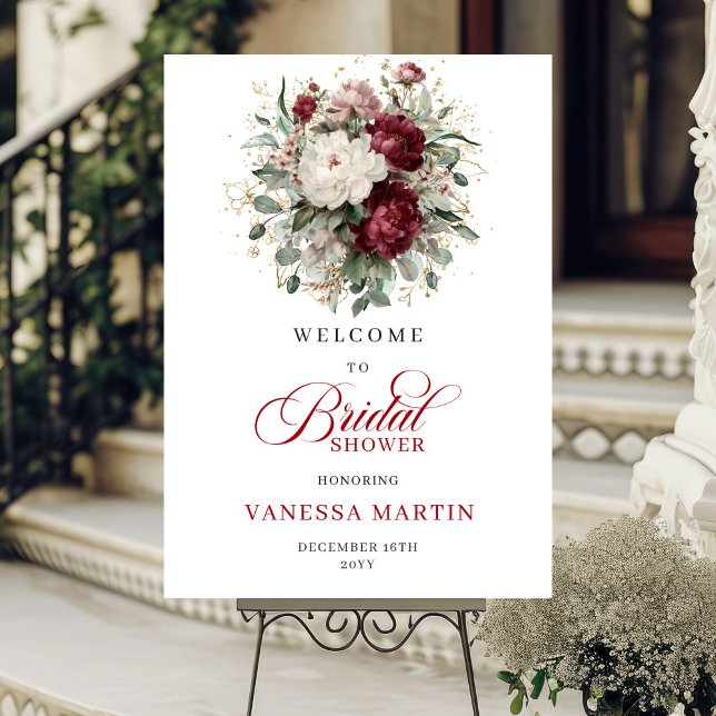 Poster Placa de Boas-Vindas de Noiva Marrom com Floral de (Maroon Floral Eucalyptus Gold Bridal Welcome Sign

)