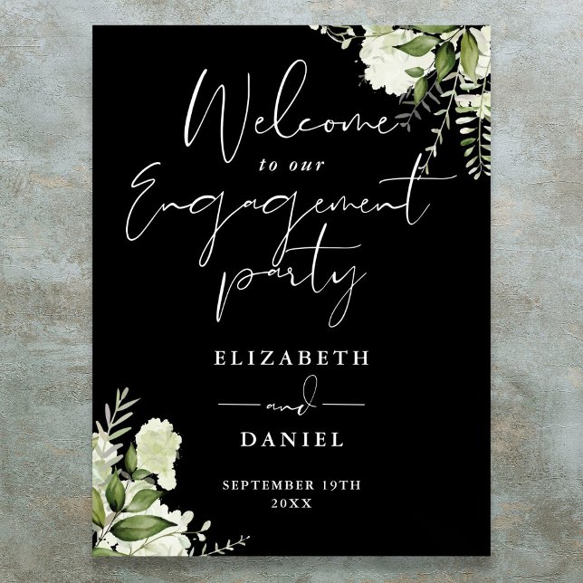 Poster Placa de Boas-Vindas de Noivado Preto e Branco Flo (Floral Black White Engagement Party Welcome Sign)