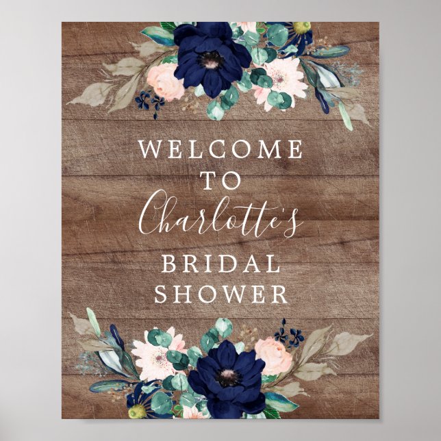 Poster Placa de Boas-Vindas de Noivado Rustic Navy & Blus (Frente)