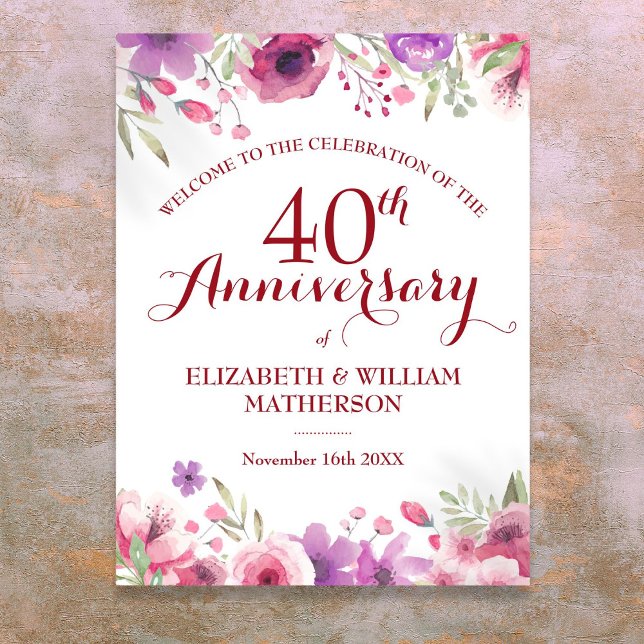 Poster Placa de Boas-Vindas de Rosas de Aniversário de 40 (40th Wedding Anniversary Roses Floral Welcome Sign)