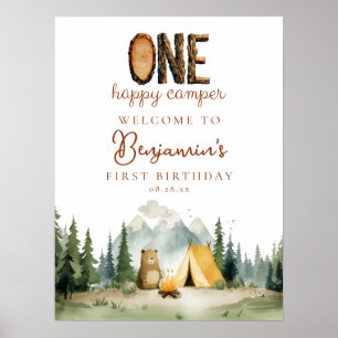 Poster Placa de Boas-Vindas do Urso Feliz Acampador no 1º