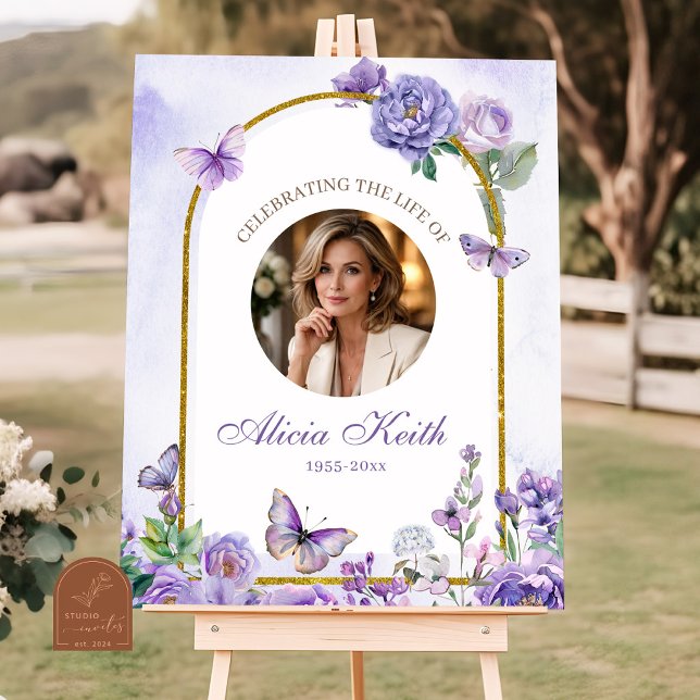 Poster Placa de Boas-Vindas Floral Borboleta Roxa Funeral (Criador carregado)