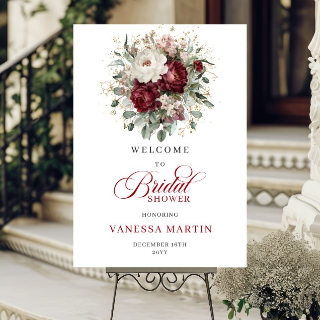 Poster Placa de Boas-Vindas Floral de Marsala com Eucalip (Marsala Floral Eucalyptus Gold Bridal Welcome Sign

)