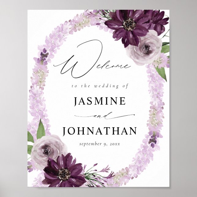 Poster Placa de Boas-Vindas Floral Roxo e Lavanda (Frente)