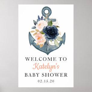 Poster Placa de Boas-Vindas Náutica com Âncora Floral