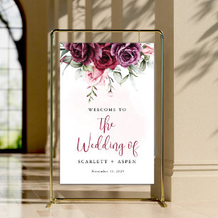 Poster Placa de Boas-Vindas Outono Borgonha Merlot Floral