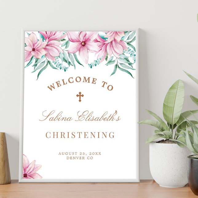 Poster Placa de boas-vindas para batizado com flores de á (Criador carregado)