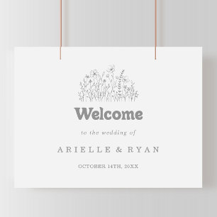 Poster Placa de Boas-Vindas para Casamento com Flor Silve