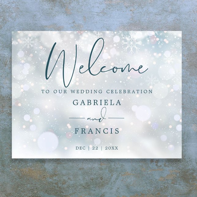 Poster Placa de Boas-Vindas para Casamento de Inverno com (Winter Wonderland Snow Wedding Welcome Sign)