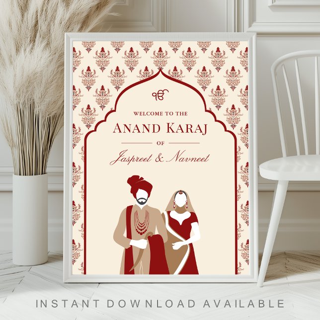 Poster Placa de Boas-Vindas para Casamento Sikh Cream Red (Criador carregado)