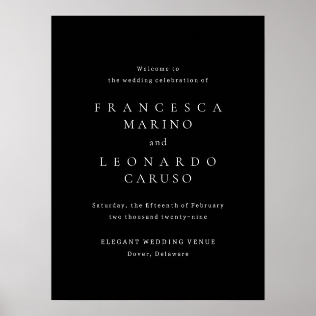 Poster Placa de Boas-Vindas para Casamento Simples Preta  (Frente)