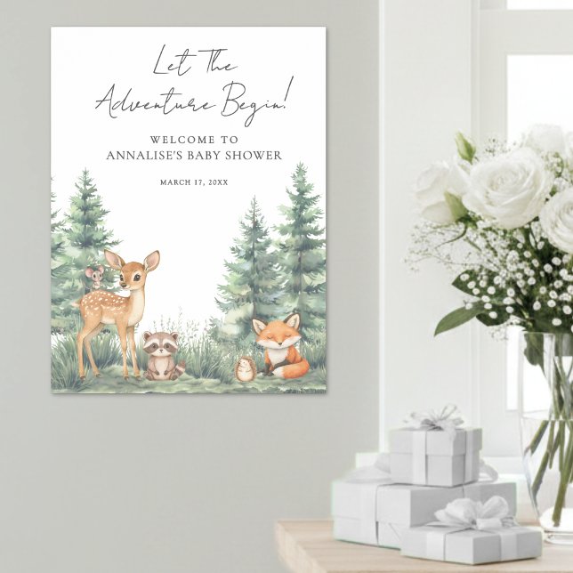 Poster Placa de Boas-Vindas para Chá de Bebê Aventura dos (Woodland Animal Adventure Baby Shower Welcome Sign )