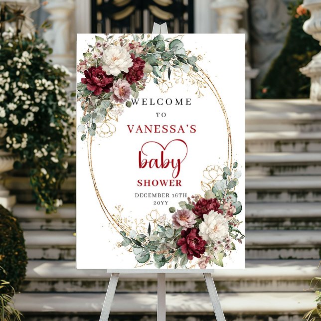 Poster Placa de Boas-Vindas para Chá de Bebê com Flores D (Burgundy Gold Flowers Baby Shower Welcome)