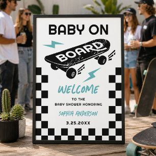 Poster Placa de Boas-Vindas para Chá de Bebê com Skate Ba