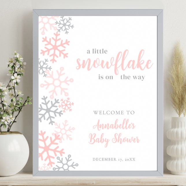 Poster Placa de Boas-Vindas para Chá de Bebê da Garotinha (Snowflake Winter Girl Baby Shower Welcome Sign)