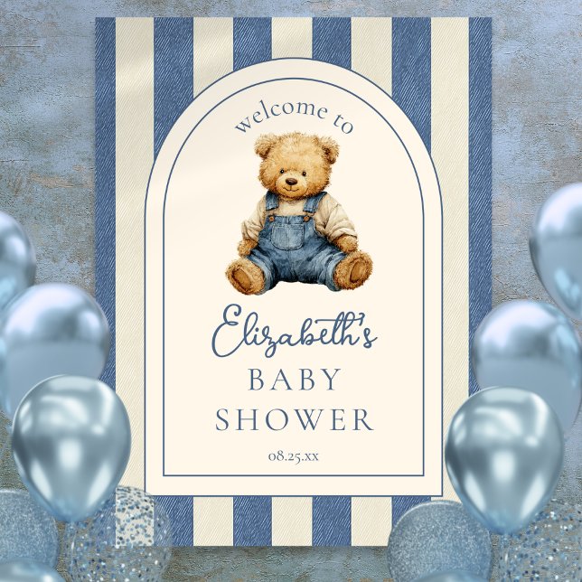 Poster Placa de Boas-Vindas para Chá de Bebê do Ursinho d (Blue Jean Teddy Bear Baby Shower Welcome Sign)