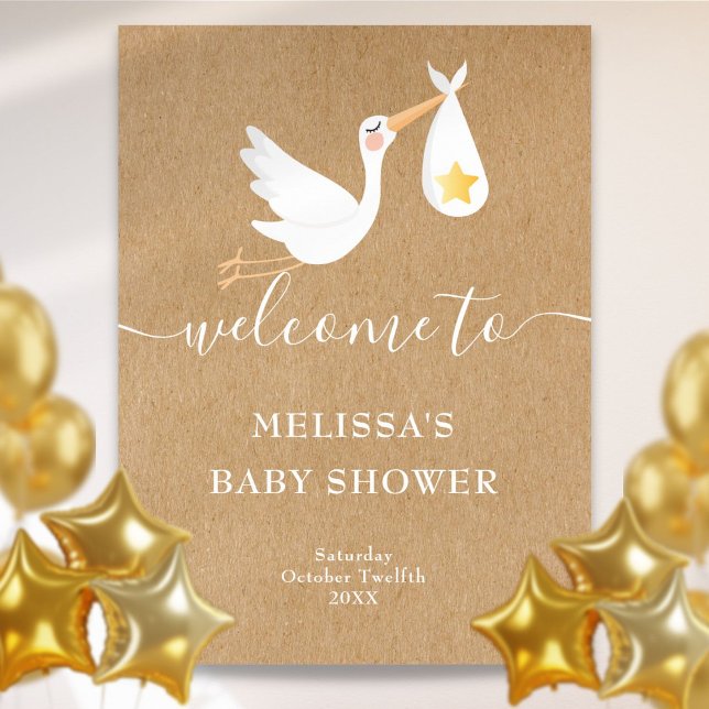 Poster Placa de Boas-Vindas para Chá de Bebê Estrela Dour (Rustic Stork Gold Star Baby Shower Welcome Sign)