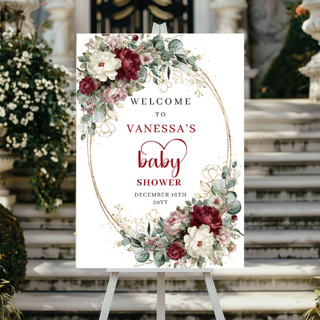 Poster Placa de Boas-Vindas para Chá de Bebê Floral Doura (Burgundy Gold Floral Baby Shower Welcome)