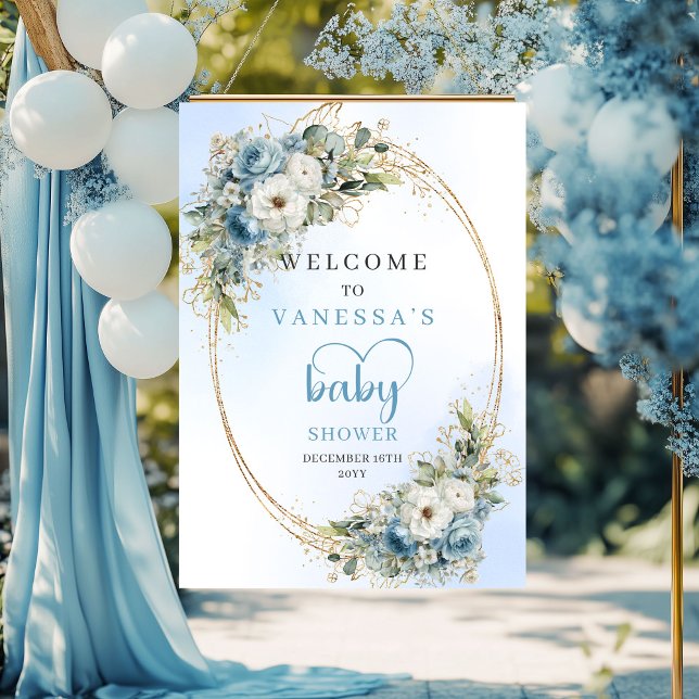 Poster Placa de Boas-Vindas para Chá de Bebê Flores Azuis (Baby Shower Welcome Sign Dusty Blue Flowers & Gold Script)