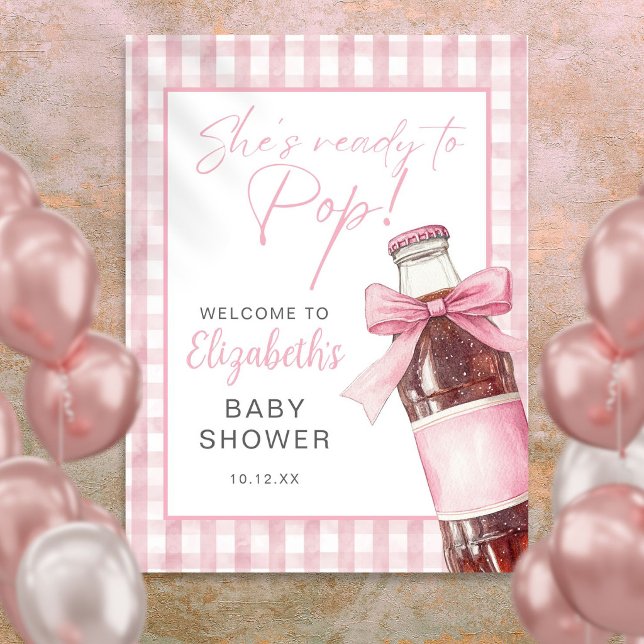 Poster Placa de Boas-Vindas para Chá de Bebê Garrafa de R (Pink Bow Soda Bottle Baby Shower Welcome Sign)