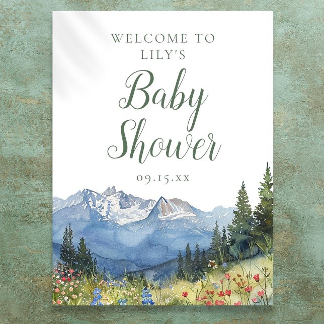 Poster Placa de Boas-Vindas para Chá de Bebê Montanha em  (Watercolor Mountain Baby Shower Welcome Sign)