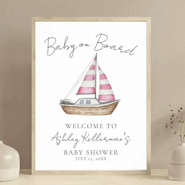Poster Placa de Boas-Vindas para Chá de Bebê Rosa Náutico (Nautical Pink Baby Shower Welcome Sign)