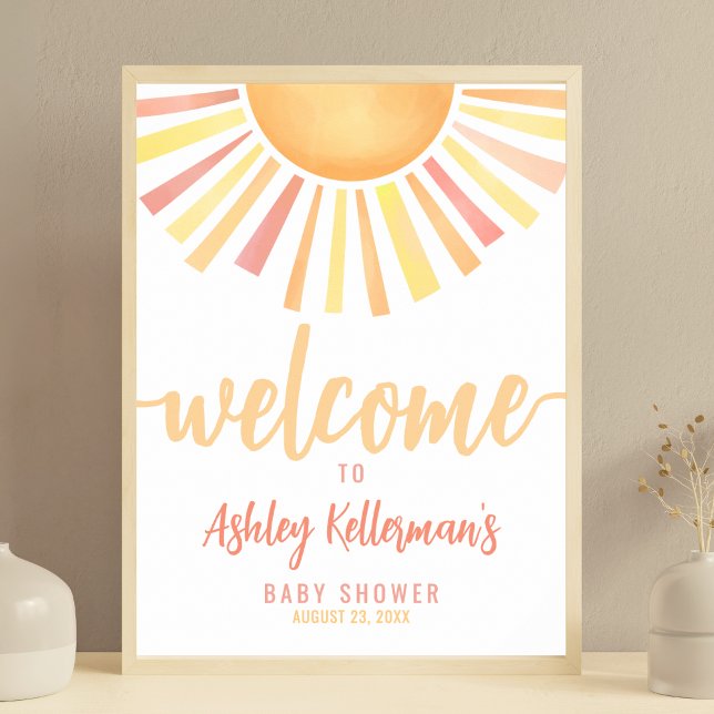 Poster Placa de Boas-Vindas para Chá de Bebê Sunshine Pin (Sunshine Pink Sun Baby Shower Welcome Sign)