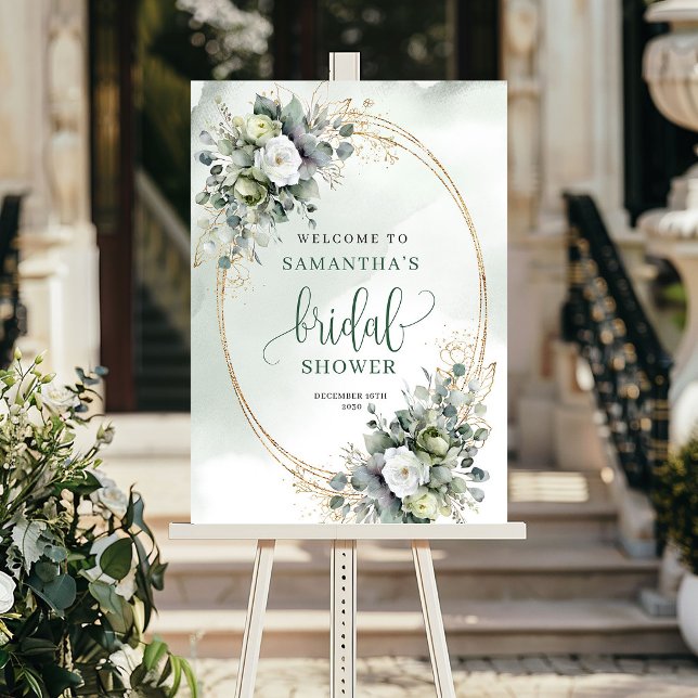 Poster Placa de Boas-Vindas para Chá de Noiva Botânico em (Dusty Green Botanical Bridal Shower Welcome Sign)