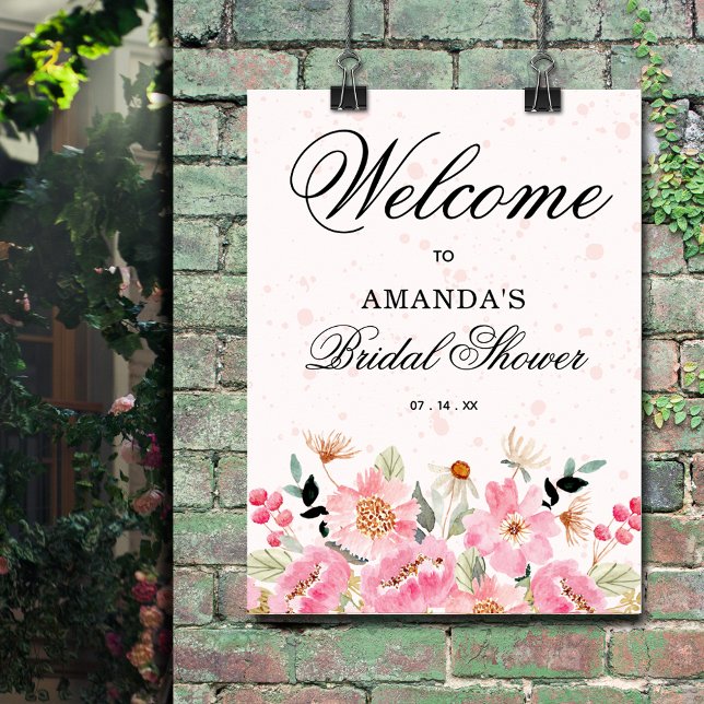 Poster Placa de Boas-Vindas para Chá de Noiva com Flores  (Pink floral bridal shower  welcome sign poster - PRINTED or INSTANT DOWNLOAD)