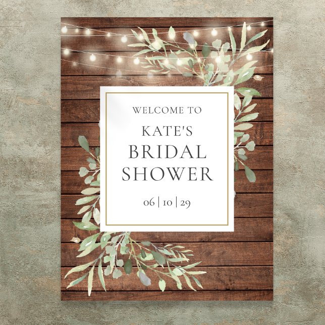 Poster Placa de Boas-Vindas para Chá de Noiva com Luzes R (Rustic Lights Greenery Bridal Shower Welcome Sign)